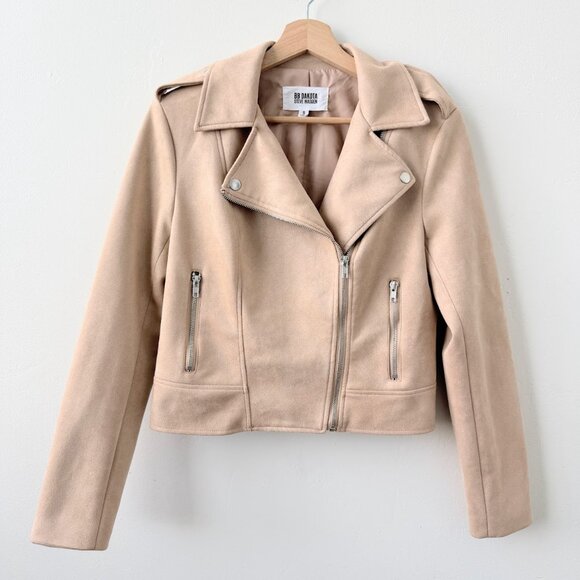 BB Dakota Steve Madden Faux Suede Moto Biker Jacket Tan Cropped Zip S - Picture 3 of 12
